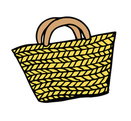 Obraz premium Straw Wicker Summer Beach Bag, Doodle Illustration, Isolated on White Background