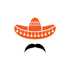 Sombrero, Mexican hat with mustache black icon. Flat logo isolated on white. vector illustration.