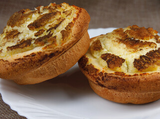 Two muffins with cottage cheese and cinnamon . close-up.
