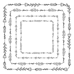 Set of square frames with doodle flowers, branches and leaves. Black and white scribble natural drawings oh herbs. Vector templates for invitations, cards, banners