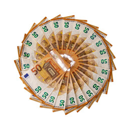 Fototapeta na wymiar Fifty euro banknotes laid out in a circle on a white background. Isolated.