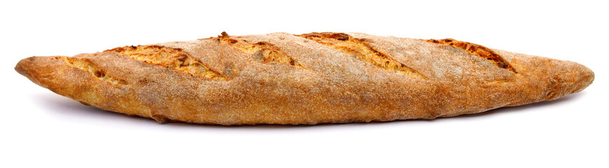 The baguette is isolated on a white background. Bread bun, French baguette.