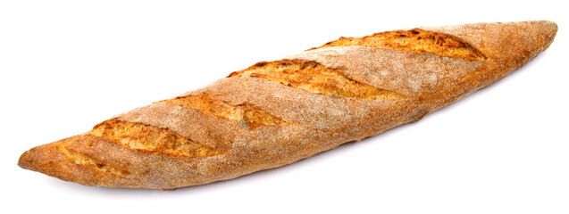 The baguette is isolated on a white background. Bread bun, French baguette.
