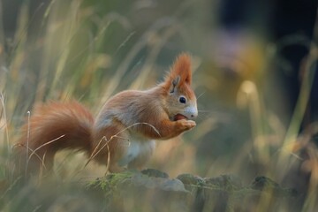 Cute red squirrel with long pointed ears in autumn scene . Wildlife in November forest. Squirrel sitting on the stump. Sciurus vulgaris
