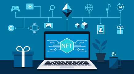 Concept of NFT, non-fungible token with network on laptop computer with icon, vector flat illustration