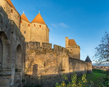 View to the wall from the historical castle carcassone- cite de carcassone at the morning