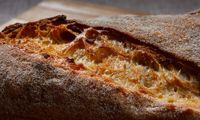 Beautiful bread close-up. Art bread. Grain surface texture. Macrophoto.
