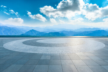 Obraz premium Empty square floor and mountain with lake landscape under the blue sky.