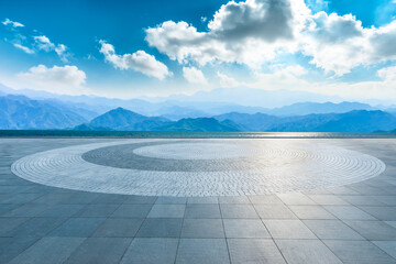 Fototapeta na wymiar Empty square floor and mountain with lake landscape under the blue sky.