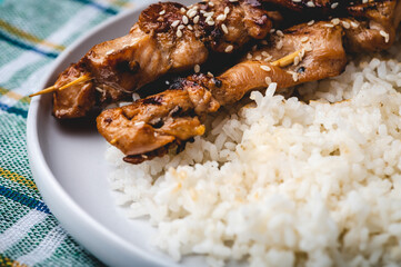 Grilled Asian Chicken Barbecue (BBQ)  seasoned with seasoned with sesame seeds (with rice profile)
