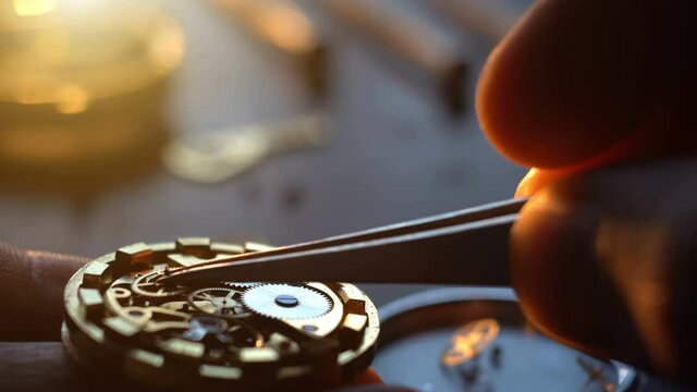 Mechanical watch repair process. Open pocket wristwatch. Doing precise job. Craftsman. Watchmaker adjust watch. Precise occupation. High accuray level