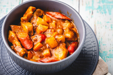 Pork Menudo is a famous Filipino tomato based stew dish that contains pork, pork liver, carrots, potatoes and other vegetables. (profile)