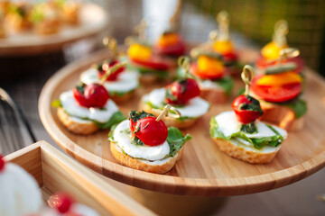 Closeup on banquet caprese bruschettas for catering 
