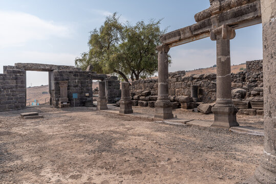 Ancient synagogue at Korazim National Park. Remains of ancient Jewish town in Israel.