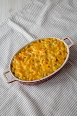 Homemade Macaroni and Cheese Pasta on cloth, side view.