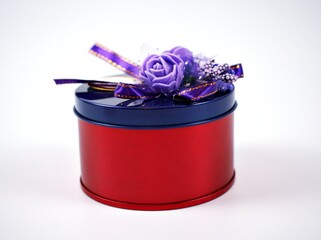 Gift box metal open empty red  with violet ribbon isolated on white background ,sweet color for...