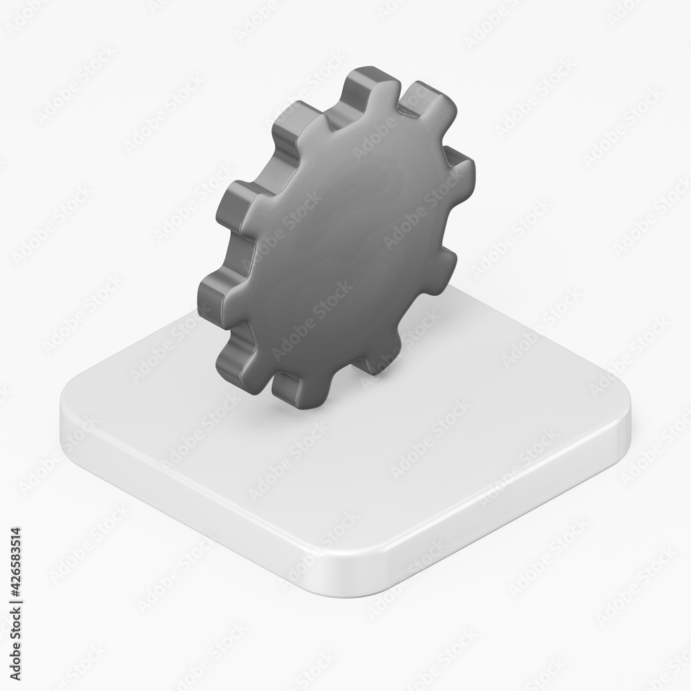 Poster black gear icon. 3d rendering square button key isometric view, interface ui ux element.