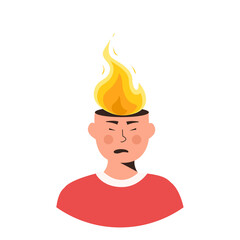 Male character head in fire vector flat illustration. Man or woman feeling stress at work, anger. Concept of emotional expression of burnout or annoyance. Mental illness. Psychological symptom.