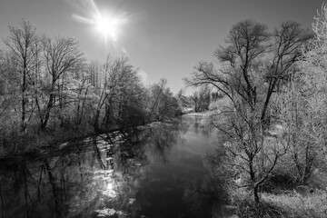 Ruhr Winter Schnee Graustufen Fluss schwarz-weiss Landschaft Idyll Bäume Frost Eis Spiegelung Nebel Stimmung Sonne Äste Arnsberg Gegenlicht Sauerland Deutschand Ufer Panorama Natur Kälte Kristalle