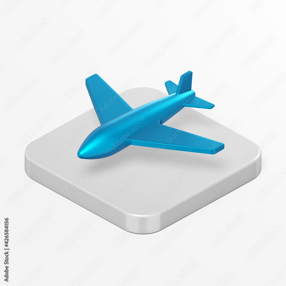 Poster Blue plane icon. 3d rendering square button key isometric view, interface ui ux element.