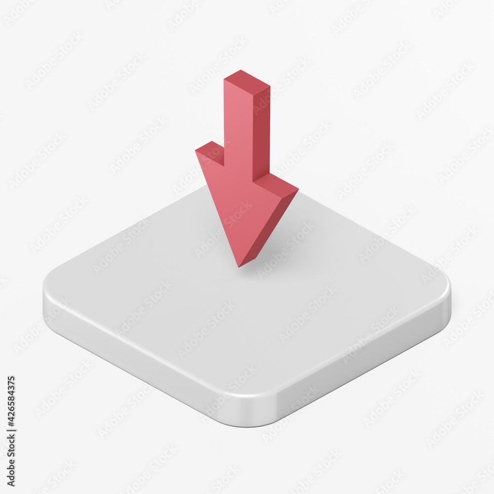Poster red down arrow icon. 3d rendering square button key isometric view, interface ui ux element.