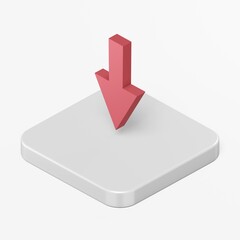 Red down arrow icon. 3d rendering square button key isometric view, interface ui ux element.