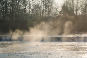 Vents waterfall in the fog, Kuldiga, Latvia