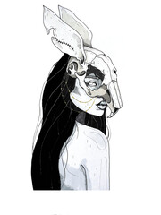 black and white picture drawn by hand with markers. Girl with black hair with a mask in the form of a hare's skull