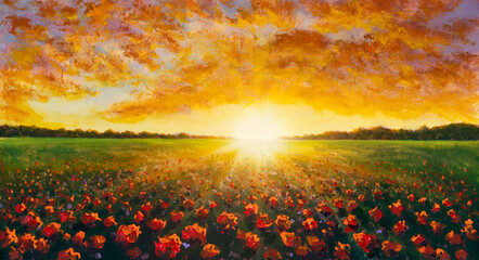 Panorama oil painting of a red poppy field flower. Summer flowers red field. Modern art - impressionism, texture paintings