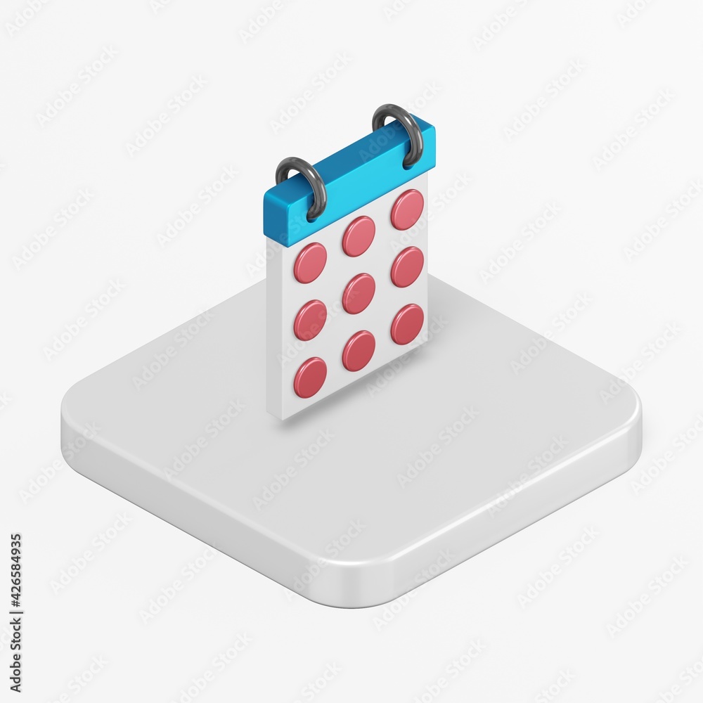 Poster round date calendar icon. 3d rendering square button key isometric view, interface ui ux element.