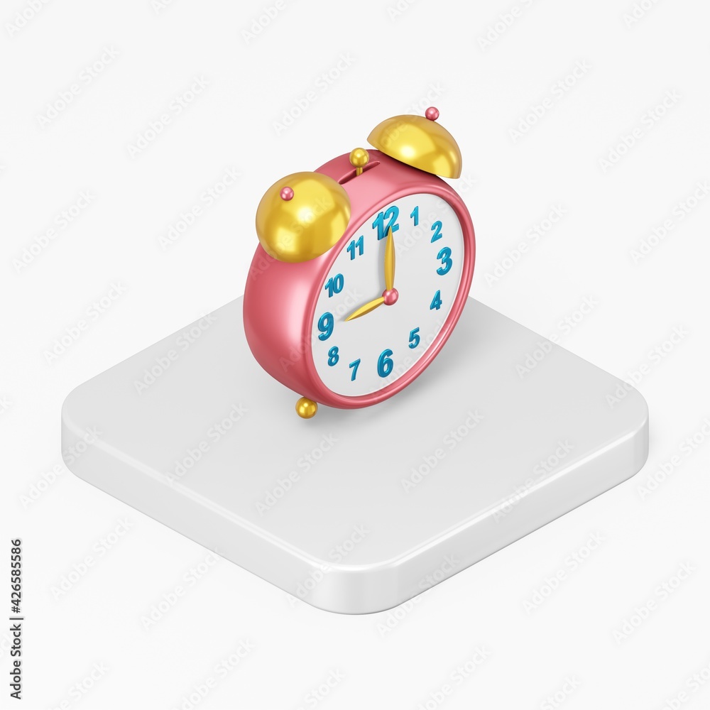 Poster red vintage alarm clock icon. 3d rendering square button key isometric view, interface ui ux element