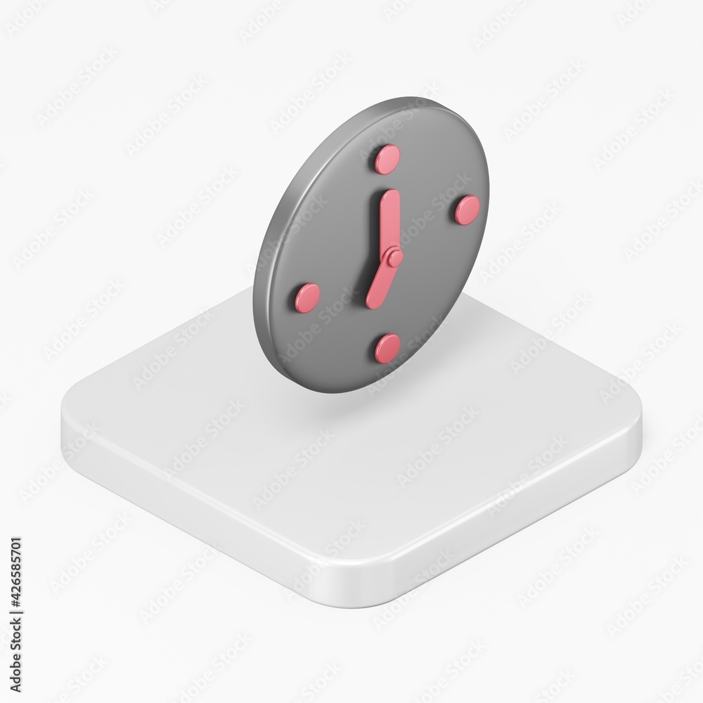 Poster black wall clock icon with red arrows. 3d rendering square button key isometric view, interface ui u