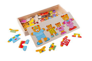 Puzzle funny bears made of wood. In the box. Educational toy Montessori. White background. Close-up.