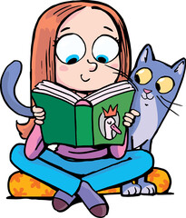 girl reads a book in the company of a cat