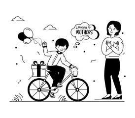 
A kid taking surprise for mother on a cycle, glyph illustration


