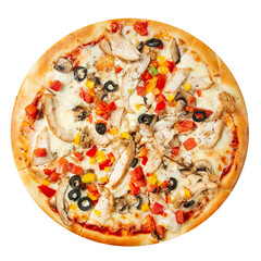 Isolated chicken pizza with olives and bell pepper on the white background