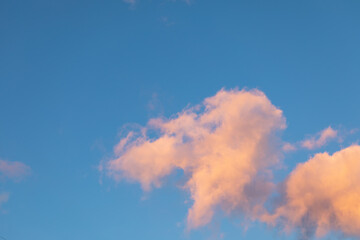 Pink-orange clouds against blue sky. Sunset. Close-up