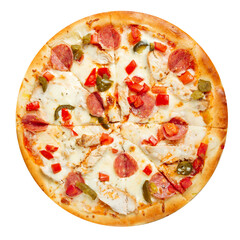 Isolated jalapeno pizza with sausages and chicken on the white background