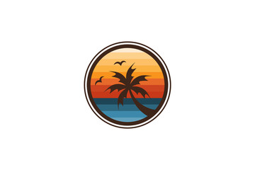 twilight beach badge logo, with silhouette coconut tree, sunset, tropical palm, beautiful landscape nature, vector design
