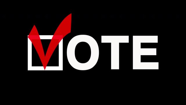Big white vote sign with red check mark on black alpha channel 4k background. Election conceptual symbol with vote lettering and checkmark on black background