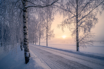Scenic snow landscape with beautiful sunrise and snowy road at winter morning in Finland - 426588982