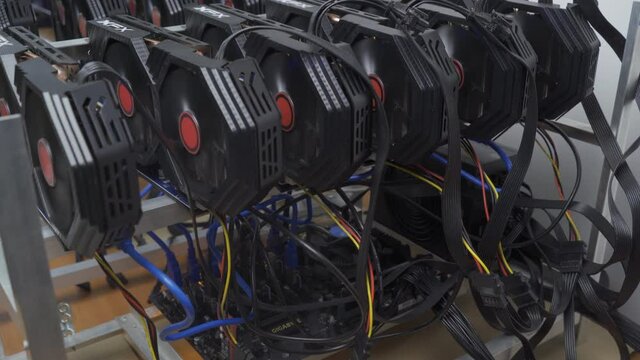 Sofia, Bulgaria - 24 03 2021:Bitcoin and cryptocurrency gpu miner - a mining computer. Close-up on several GPU