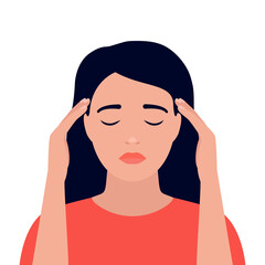 Woman is in headache, dizziness, stress, pain in head and anxious thoughts. Young girl hold head hands. Depression, mental disorder. Vector flat illustration