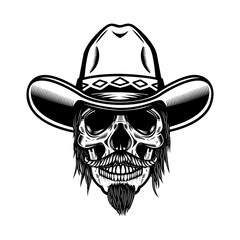 Illustration of skull in cowboy hat. Design element for logo, label, sign, poster. Vector illustration