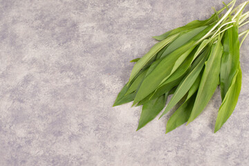 Fresh wild garlic leaves on a textured background