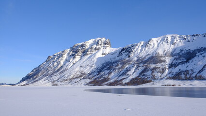 Fototapeta na wymiar Lofoten Islands mountains and lakes in Winter