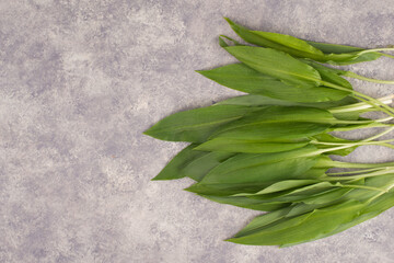 Fresh wild garlic leaves on a textured background