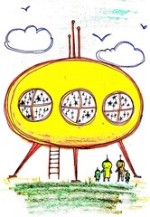 Cute alien family near a flying machine, childrens drawing and sketch.