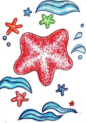 Set of sea creatures, starfish, waves and bubbles, sketch in colored pencils, print.