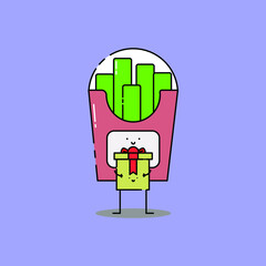 Cute french fries hold gift box Illustration. modern simple food vector icon, flat graphic symbol in trendy flat design style. wallpaper. lockscreen. pattern. frame, background, backdrop, sign, logo.